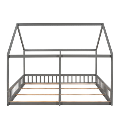Merax Double Twin Kids House Shaped Low Platform Beds, Wood Floor Bed Frame for Boys, Girls, No Box Spring Needed Easy Assemble (Twin,Grey