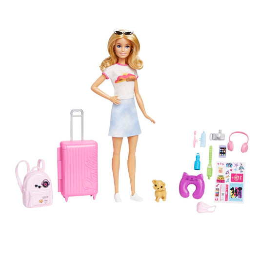 Barbie Doll & Accessories, Travel Set with Puppy and 10+ Pieces, Suitcase Opens & Closes, Malibu Doll with Blonde Hair