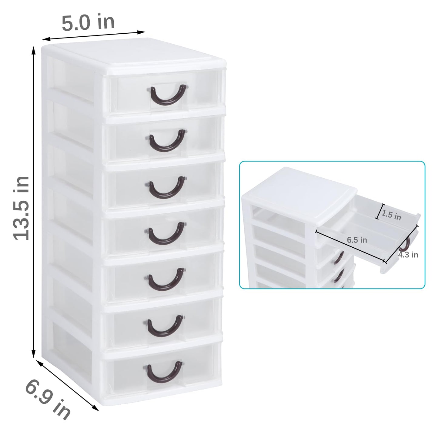 Rempry 2 Pack Mini Plastic Drawers Organizer, 7.1"x5.1"x13.2" Small Storage Drawers Organizer Container Case with 7 Clear Desktop Drawer Units, White