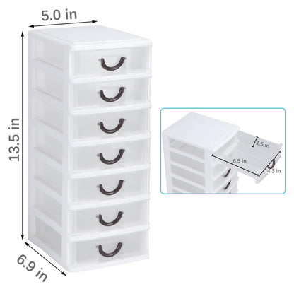Rempry 2 Pack Mini Plastic Drawers Organizer, 7.1"x5.1"x13.2" Small Storage Drawers Organizer Container Case with 7 Clear Desktop Drawer Units, White