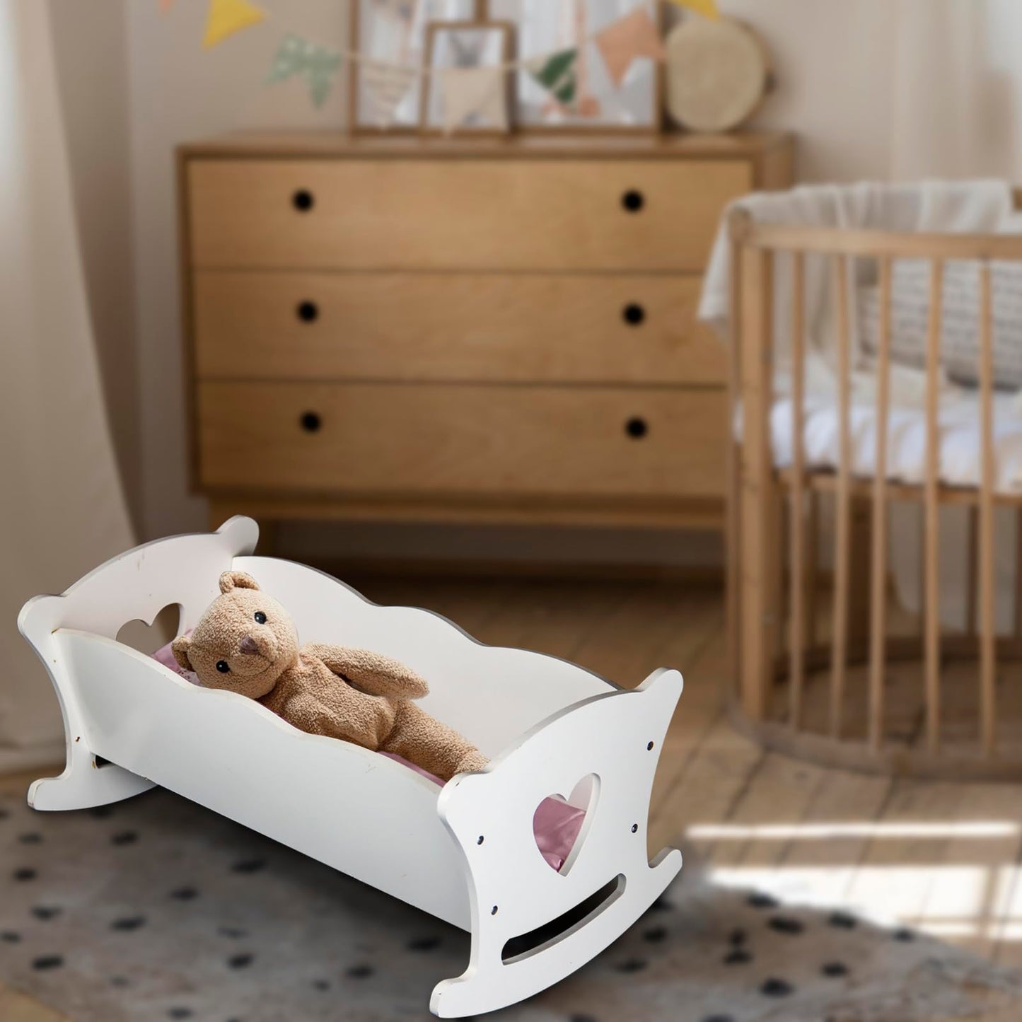 Wooden Baby Doll Cradle with Bedding for Kids