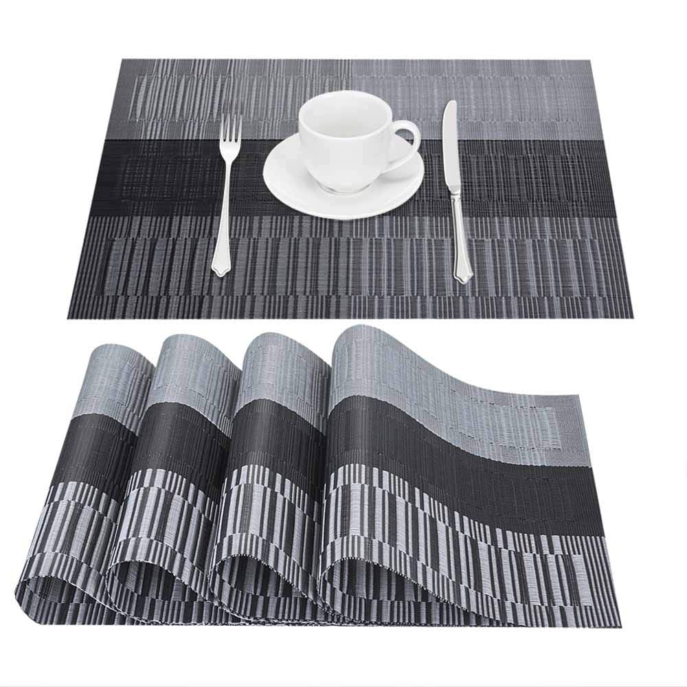 GIVERARE Placemats Set of 4, Heat-Resistant Woven Vinyl Placemat, Non-Slip Washable PVC Table Mat, Easy to Clean Premium Plastic Table Mats for Dining Table, Kitchen Table (Black+Gray)