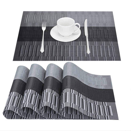 GIVERARE Placemats Set of 4, Heat-Resistant Woven Vinyl Placemat, Non-Slip Washable PVC Table Mat, Easy to Clean Premium Plastic Table Mats for Dining Table, Kitchen Table (Black+Gray)