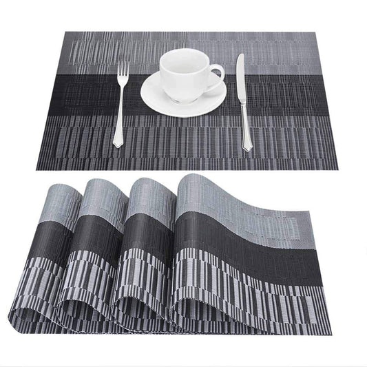 GIVERARE Placemats Set of 4, Heat-Resistant Woven Vinyl Placemat, Non-Slip Washable PVC Table Mat, Easy to Clean Premium Plastic Table Mats for Dining Table, Kitchen Table (Black+Gray)