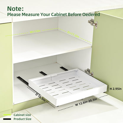 Expandable Pull Out Cabinet Organizer,1 Pack Adhesive Slide Out Drawers for Kitchen Cabinets,Adjustable Width (12.6"-20.5"), Heavy Duty Storage Shelf for Kitchen Pantry Bathroom, Deep Design,White