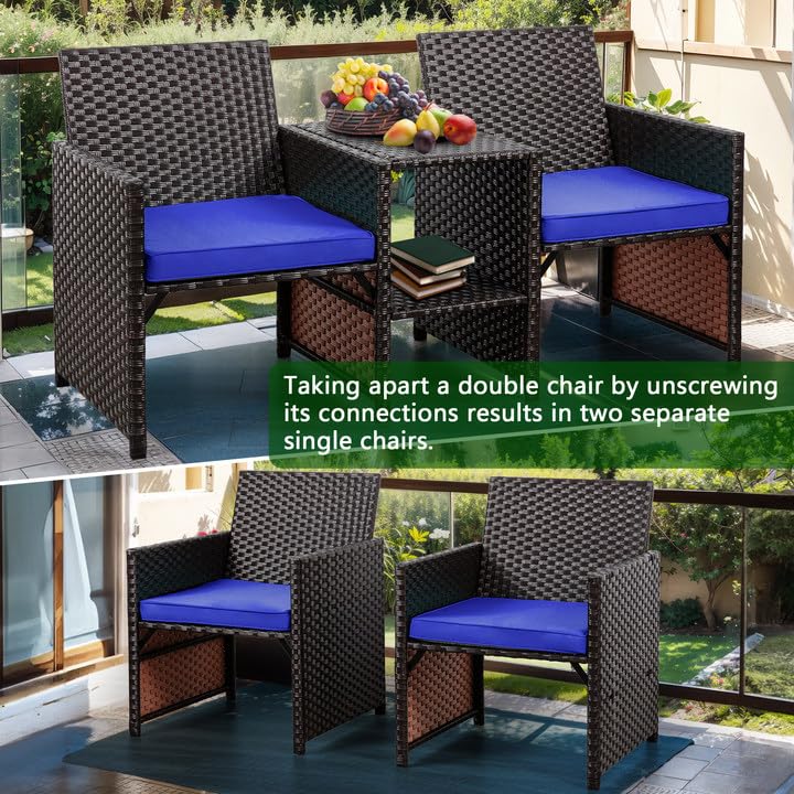 Shintenchi Wicker Patio Conversation Furniture Set with Detachable Chairs & Table and Two Removable Cushions,Rattan Wicker Lover Chair for Patio,Garden, Courtyard and Lawn Backyard (Deep Blue)