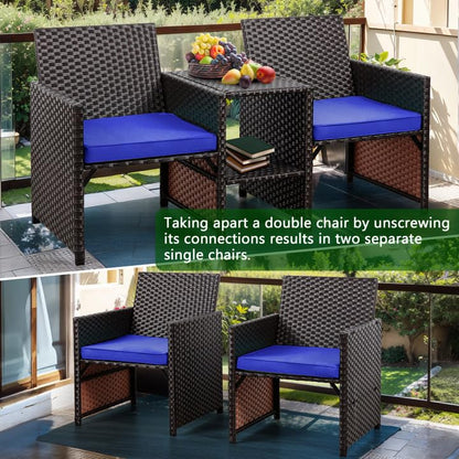 Shintenchi Wicker Patio Conversation Furniture Set with Detachable Chairs & Table and Two Removable Cushions,Rattan Wicker Lover Chair for Patio,Garden, Courtyard and Lawn Backyard (Deep Blue)