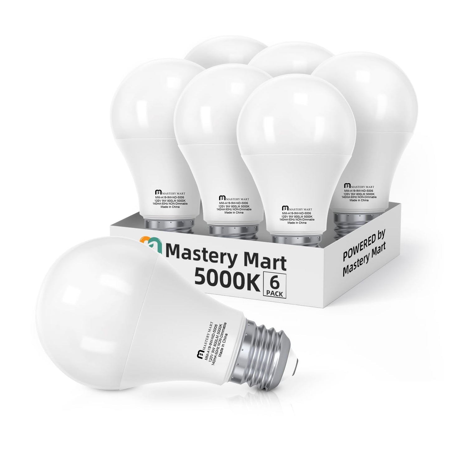 MASTERY MART A19 [60-Watt] Led Light Bulbs, E26 Base, 5000K Bright Daylight White, 800 Lumens, CRI 80+, Non-Dimmable, Energy Star, UL Listed, 9W [60W Equivalent]- (6 Pack)