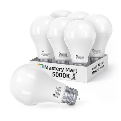 MASTERY MART A19 [60-Watt] Led Light Bulbs, E26 Base, 5000K Bright Daylight White, 800 Lumens, CRI 80+, Non-Dimmable, Energy Star, UL Listed, 9W [60W Equivalent]- (6 Pack)