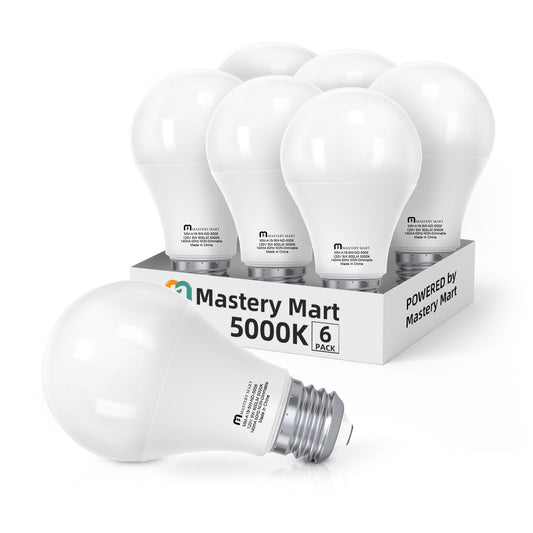 MASTERY MART A19 [60-Watt] Led Light Bulbs, E26 Base, 5000K Bright Daylight White, 800 Lumens, CRI 80+, Non-Dimmable, Energy Star, UL Listed, 9W [60W Equivalent]- (6 Pack)