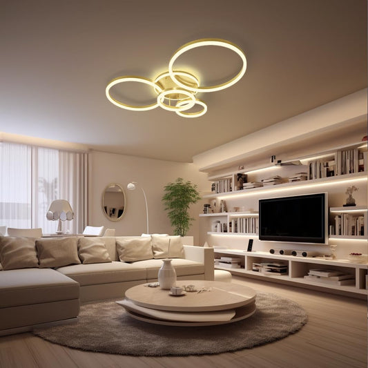 𝗠𝗢𝗗 𝗟𝗜𝗚𝗛𝗧𝗜𝗡𝗚 Chloe Modern Ceiling Light - Stylish Ceiling Light Fixture for Living Room & Dining Room - Dimmable 3000K LED Lights - 26" W x 39" L-1 Pack (Metallic Gold,5 Circles,Warm White)