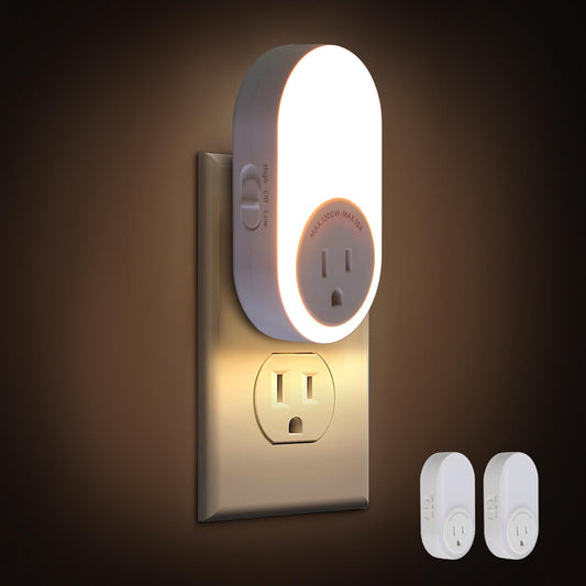 Dawnrise Night Lights Plug Into Wall,Dusk to Dawn Sensor Night Light with Power Outlet,CCT 2700K/4000K,5/20LM Adjustable Brightness for Bedroom,Kitchen,Living Room,Office,2PK