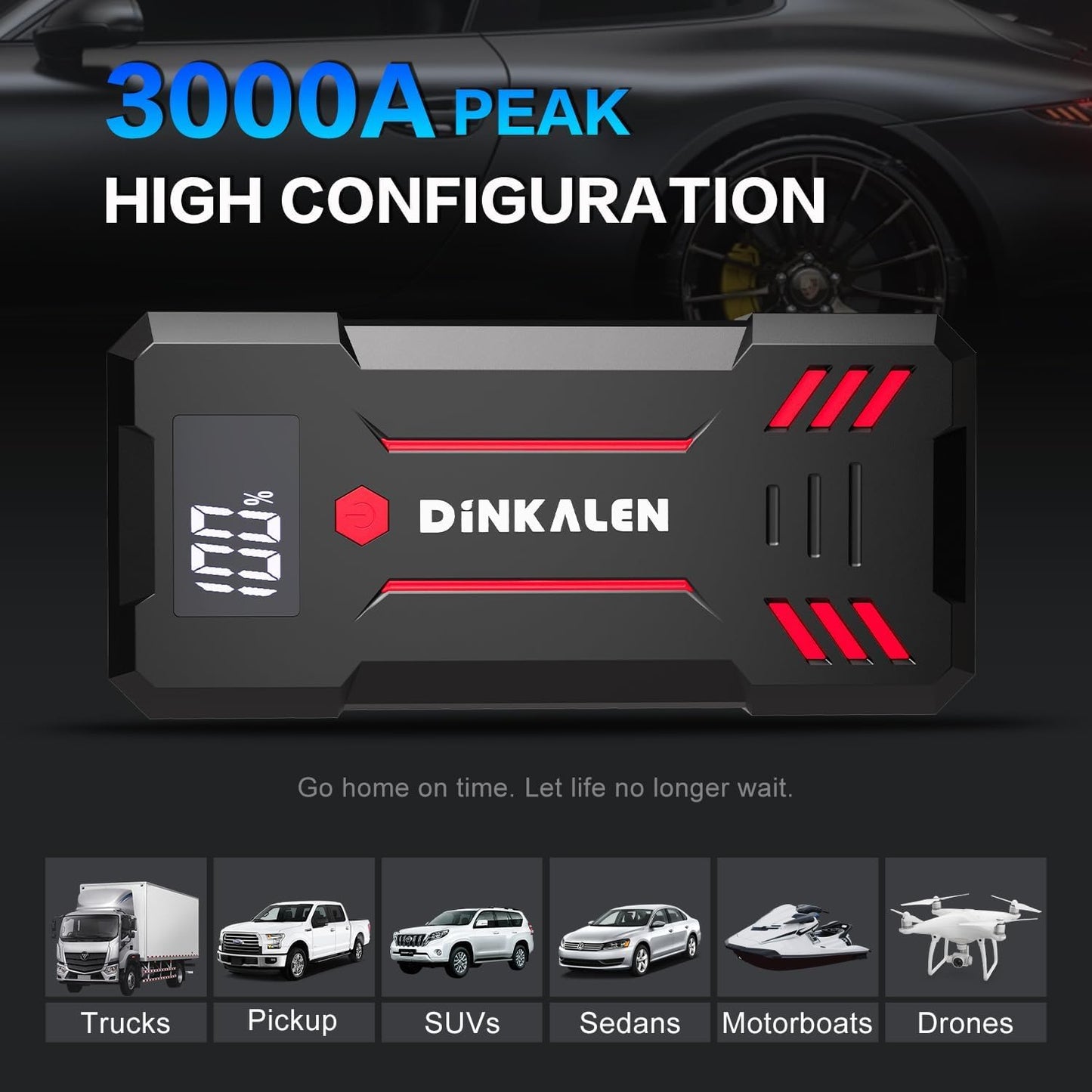 Portable 3000A Car Jump Starter with LED Lights