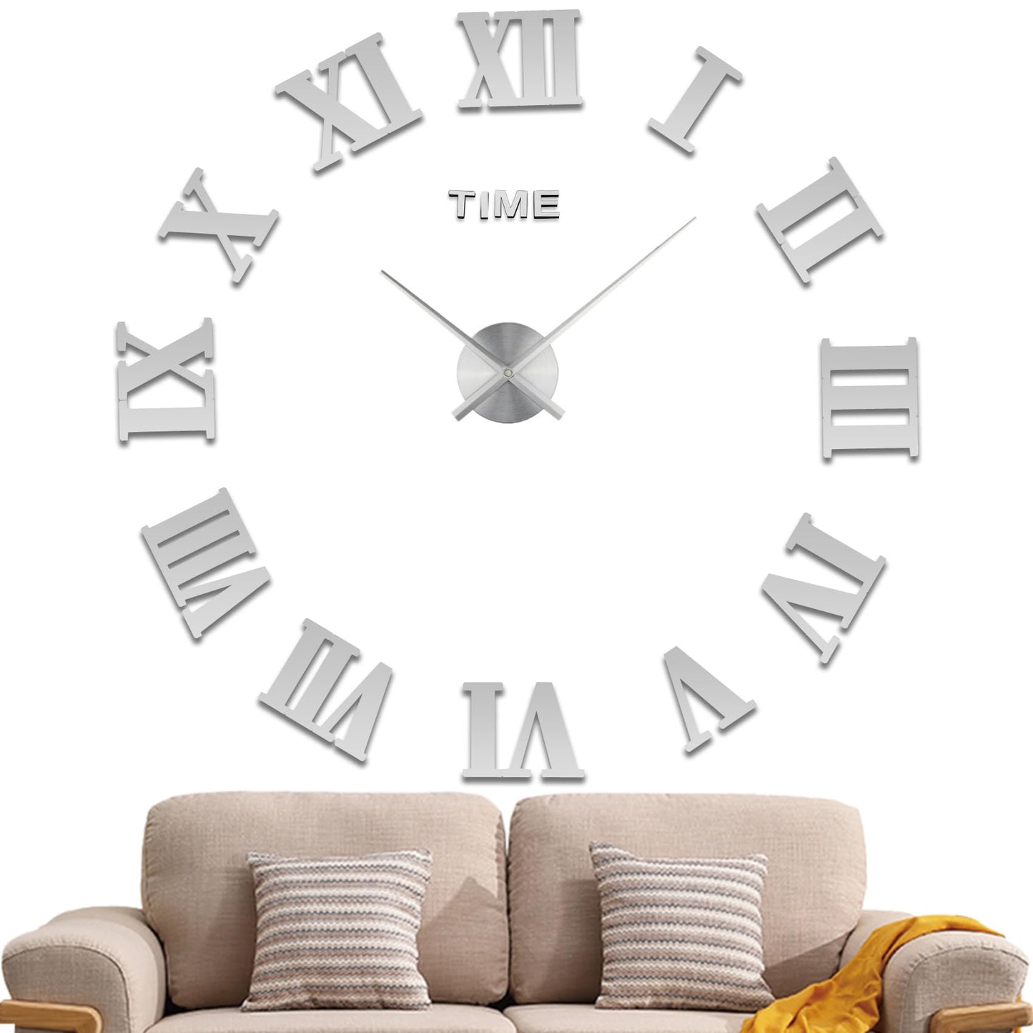 LIDNADY Roman Numerals DIY Wall Clock, Frameless, Large Modern Design, Silver, Adjustable Size, Easy to Install