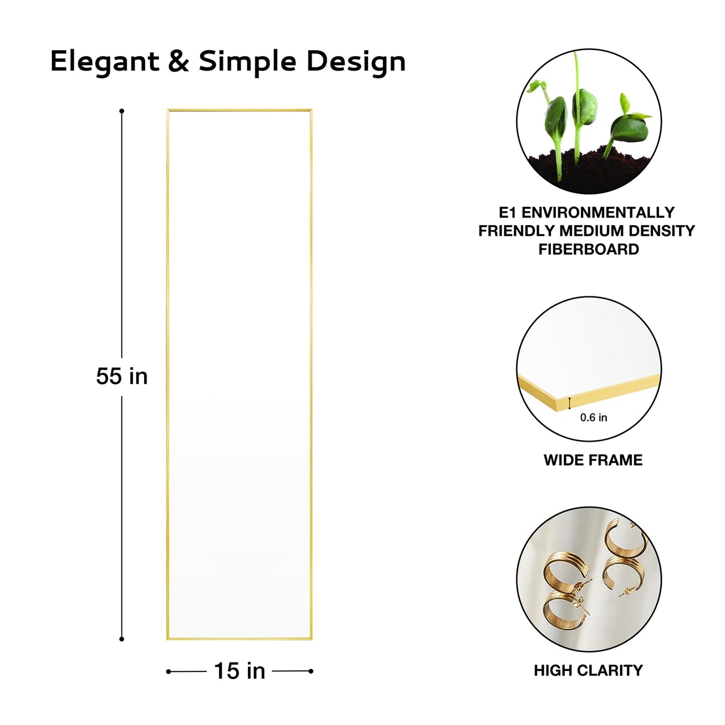 Gold Full Length Mirror 55"x15" for Wall