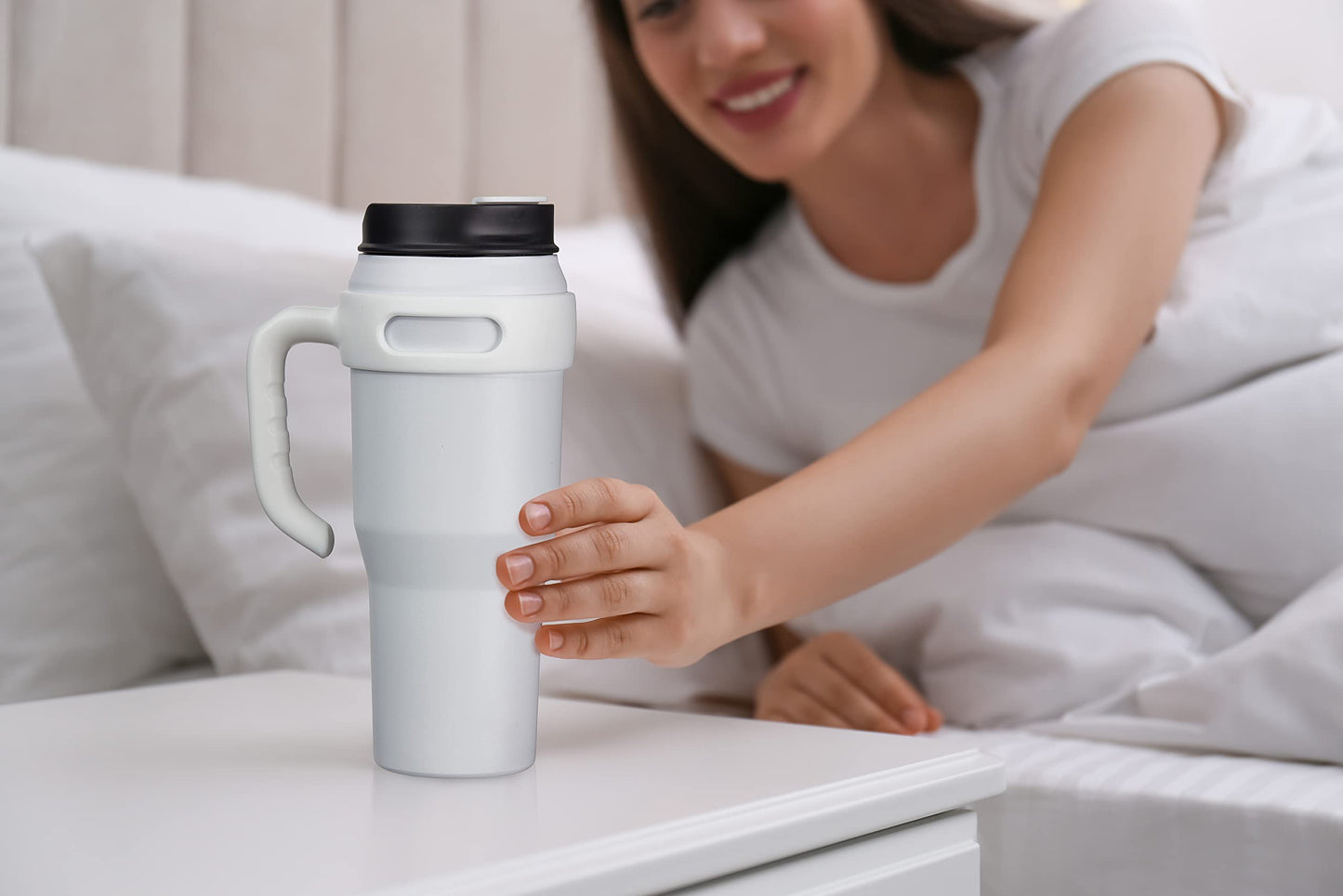 Zibtes 40oz Insulated Tumbler with handle and Lid Straws, Stainless Steel Travel Coffee Cup Holder Friendly, Metal Water Bottle Keeps Drinks Cold up to 34 Hours(White 1 pack)