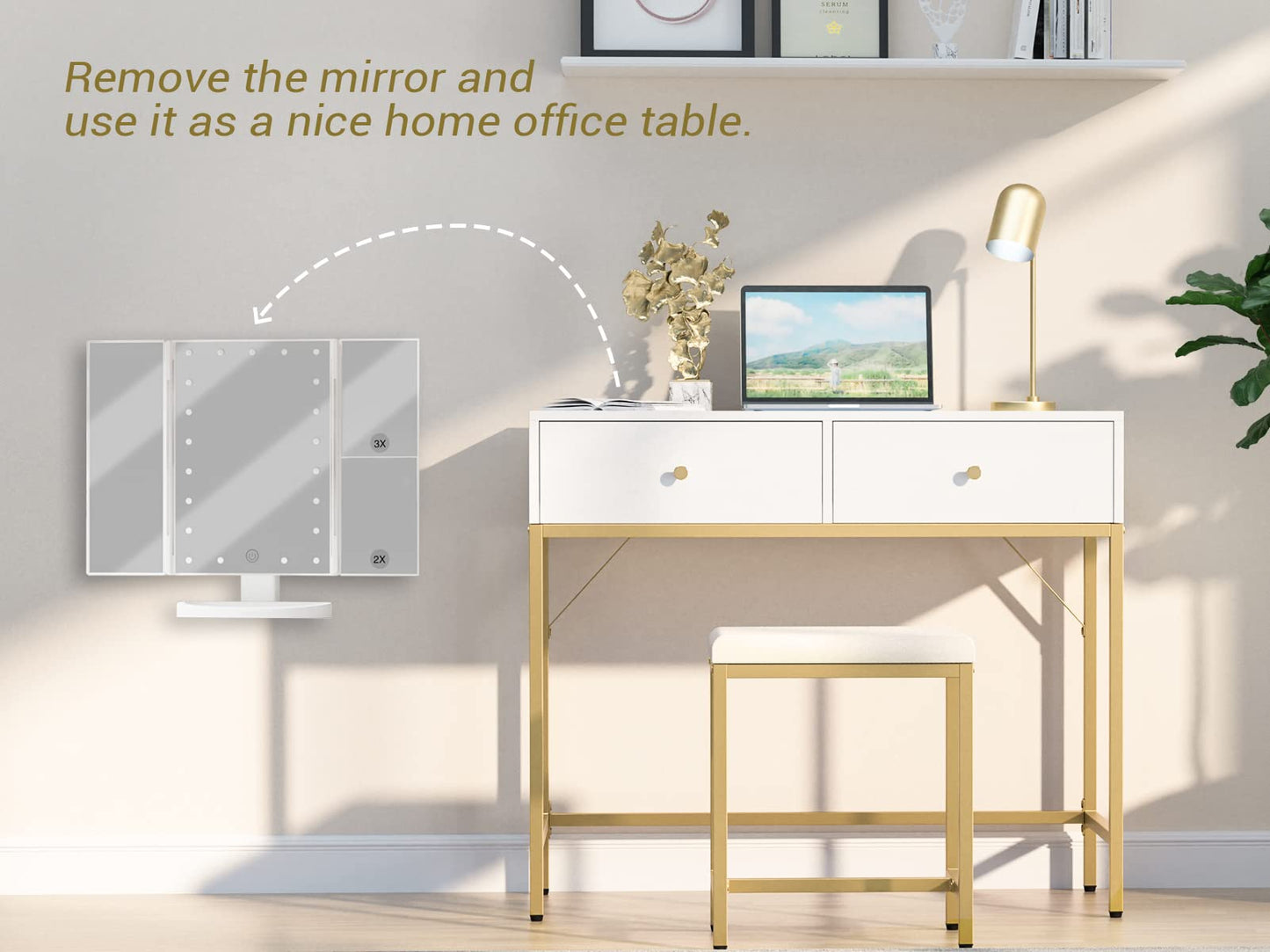 SUPERJARE Vanity Desk, Makeup Vanity with Lighted Mirror, White Desk with Drawers, 35.4 Inches Makeup Vanity Desk with Lights, for Bedroom, White and Gold