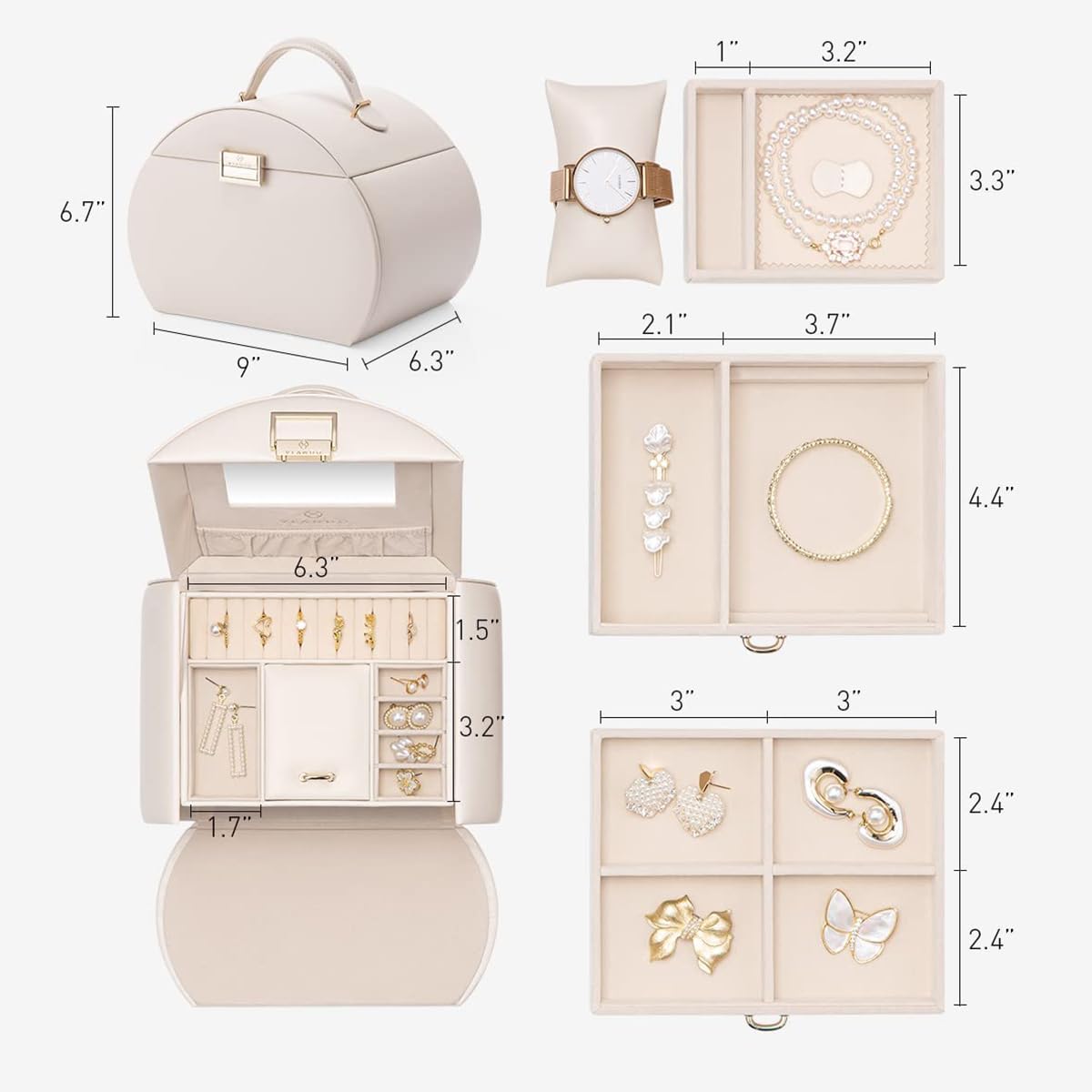 Vlando Jewelry Box Organizer, Leather Mirrored Jewelry Case in Princess Style, Necklaces Earrings Rings Watch Storage Holder, Beige