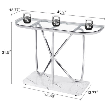 HOMISSUE Console Table, Modern Console Table with Tempered Glass Top and Chrome Frame, Glass Entryway Table with Marbling MDF Base, Chrome Console Table for Entryway, Hallway, Living Room (Silver)