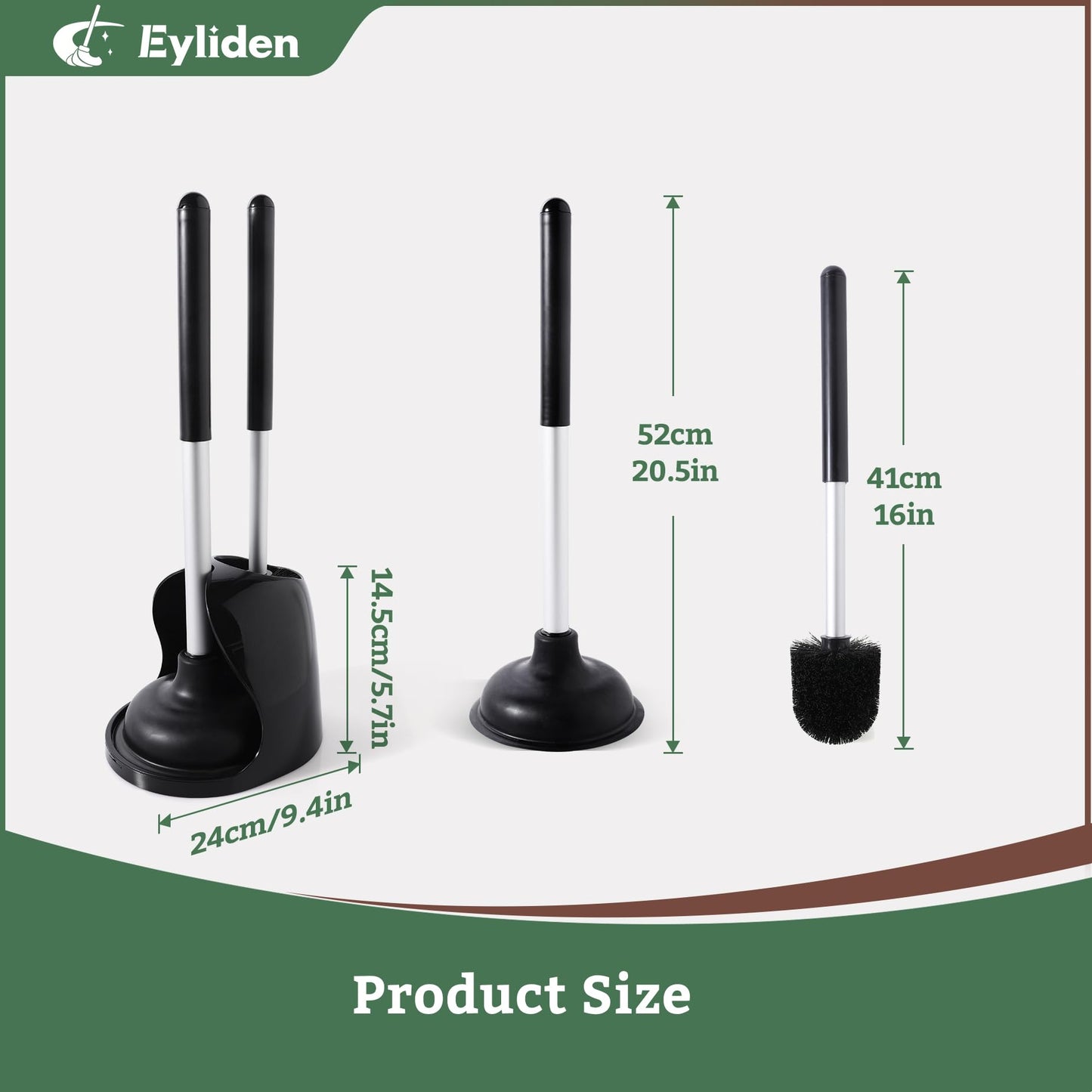 Eyliden 2-in-1 Toilet Brush and Plunger Combo with Holder, Large Size TPR Plunger, Aluminum Handle, 2 Replacement Brush Heads, Compact Bathroom Cleaning Set (Black)