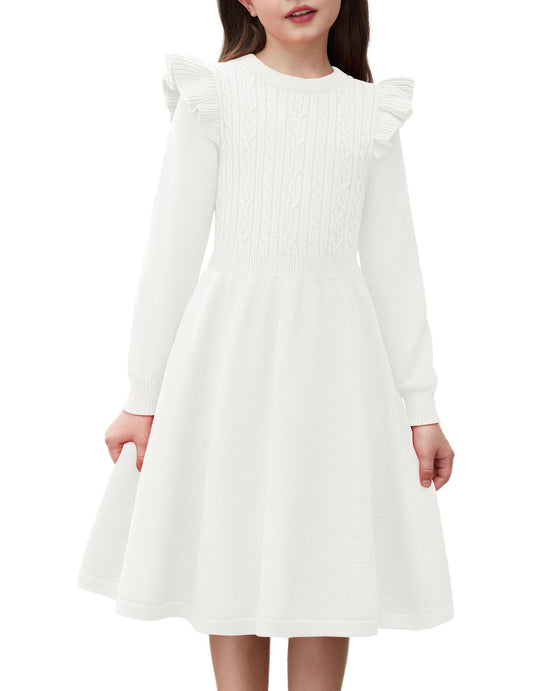 Arshiner Girls White Dress Sweater Winter Flutter Long Sleeve Pullover Formal Outfits Size 10-12