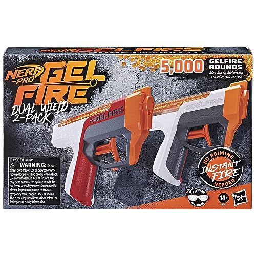 Nerf Pro Gelfire Dual Wield Pack, 2 Blasters, No-Prime Firing, 5000 Gelfire Rounds, 2X 100 Round Integrated Hoppers, 2 Eyewear, Ages 14 & Up