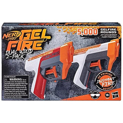 Nerf Pro Gelfire Dual Wield Pack, 2 Blasters, No-Prime Firing, 5000 Gelfire Rounds, 2X 100 Round Integrated Hoppers, 2 Eyewear, Ages 14 & Up