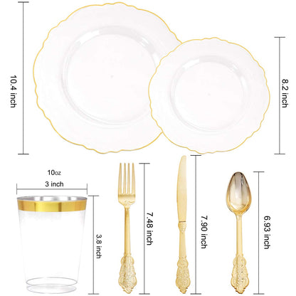 WDF 30Guest Clear and Gold Plastic Plates with Gold Plastic Silverware include 30 Dinner Plates,30 Salad Plates,30 Forks, 30 Knives,30 Spoons,30 Cups for Thanksgiving
