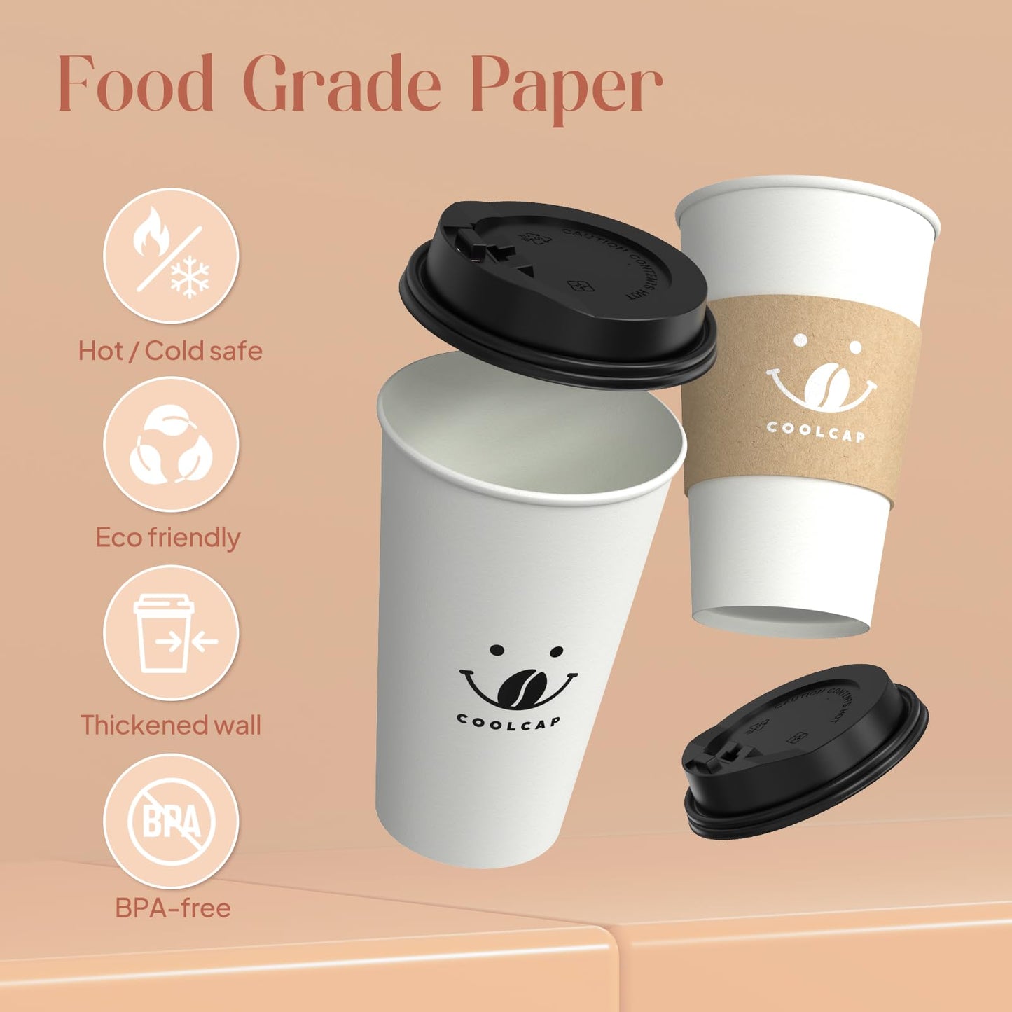 Coffee Cups with Lids and Sleeves, 16 Ounce 100 pack To Go Coffee Cups with Lids, Paper Hot Coffee Cups for Hot and Cold Beverage (White, 16 Ounce)