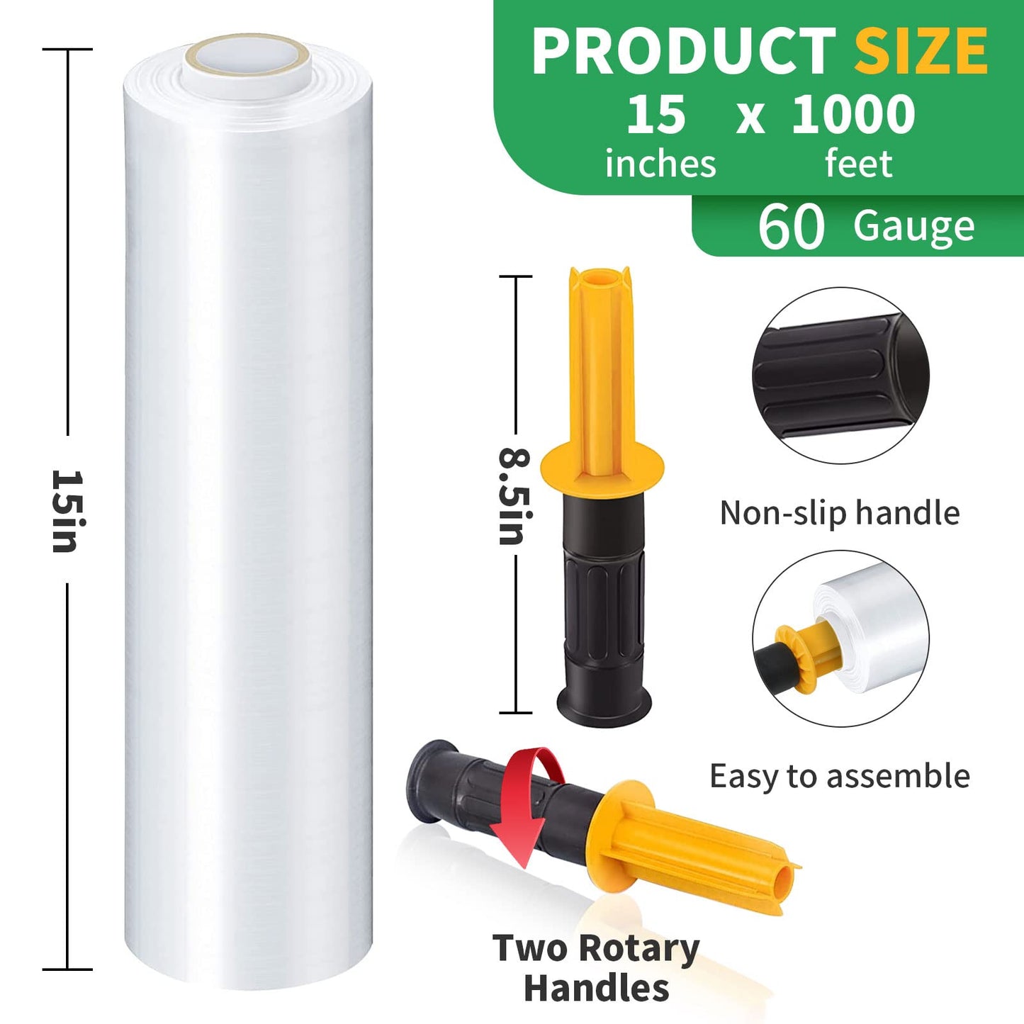 Stretch Film, HERKKA Stretch Wrap with Handles Industrial Strength, Moving Wrapping Plastic Roll, Shrink Wrap for Pallet Wrap, 15" x 1000 Feet, 3 Pack, 60 Gauge