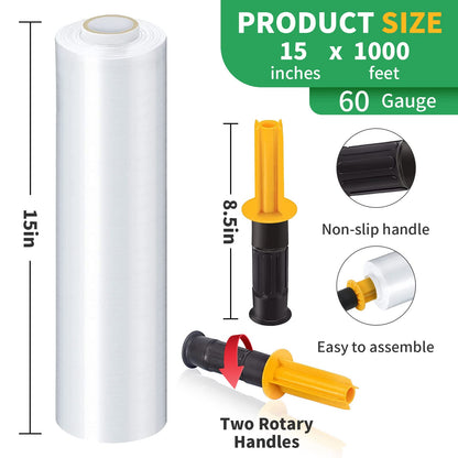 Stretch Film, HERKKA Stretch Wrap with Handles Industrial Strength, Moving Wrapping Plastic Roll, Shrink Wrap for Pallet Wrap, 15" x 1000 Feet, 3 Pack, 60 Gauge