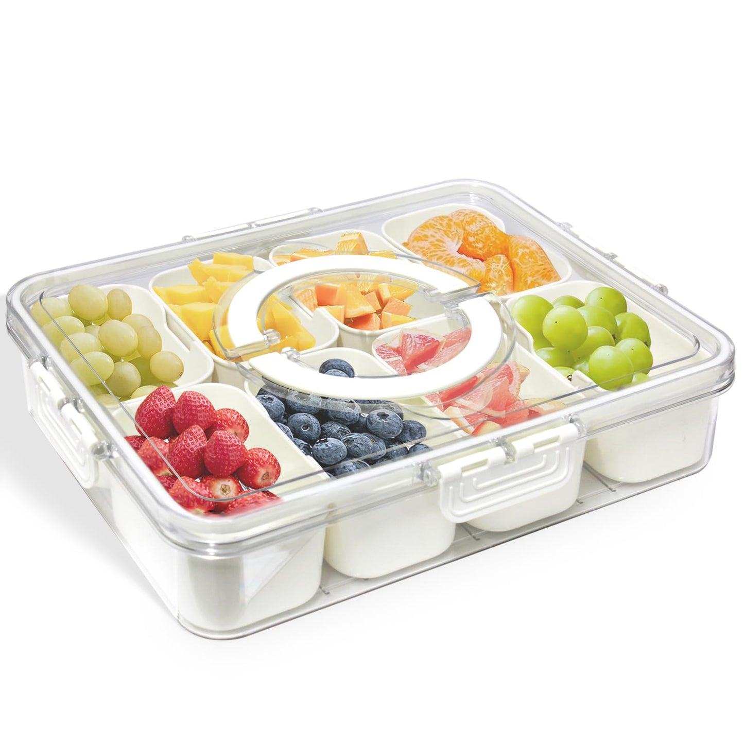 POUYRBA Divided Serving Tray with Lid，Snackle Box Portable Fruit Platters Charcuterie Container with 8 Compartments for Snack, Fruit, Veggie, Candies Party