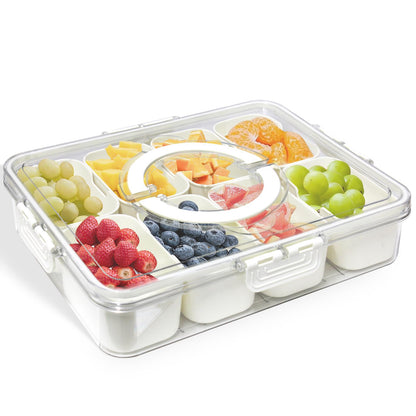 POUYRBA Divided Serving Tray with Lid，Snackle Box Portable Fruit Platters Charcuterie Container with 8 Compartments for Snack, Fruit, Veggie, Candies Party
