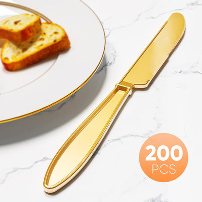 Zonbaizey Plastic Knives Disposable - 200 Pcs Gold Plastic Knives Heavy Duty, Solid and Durable Plastic Cutlery heavy Duty, Heat Resistance Gold Plastic Sliverware, For Parties Plastic Knives Bulk