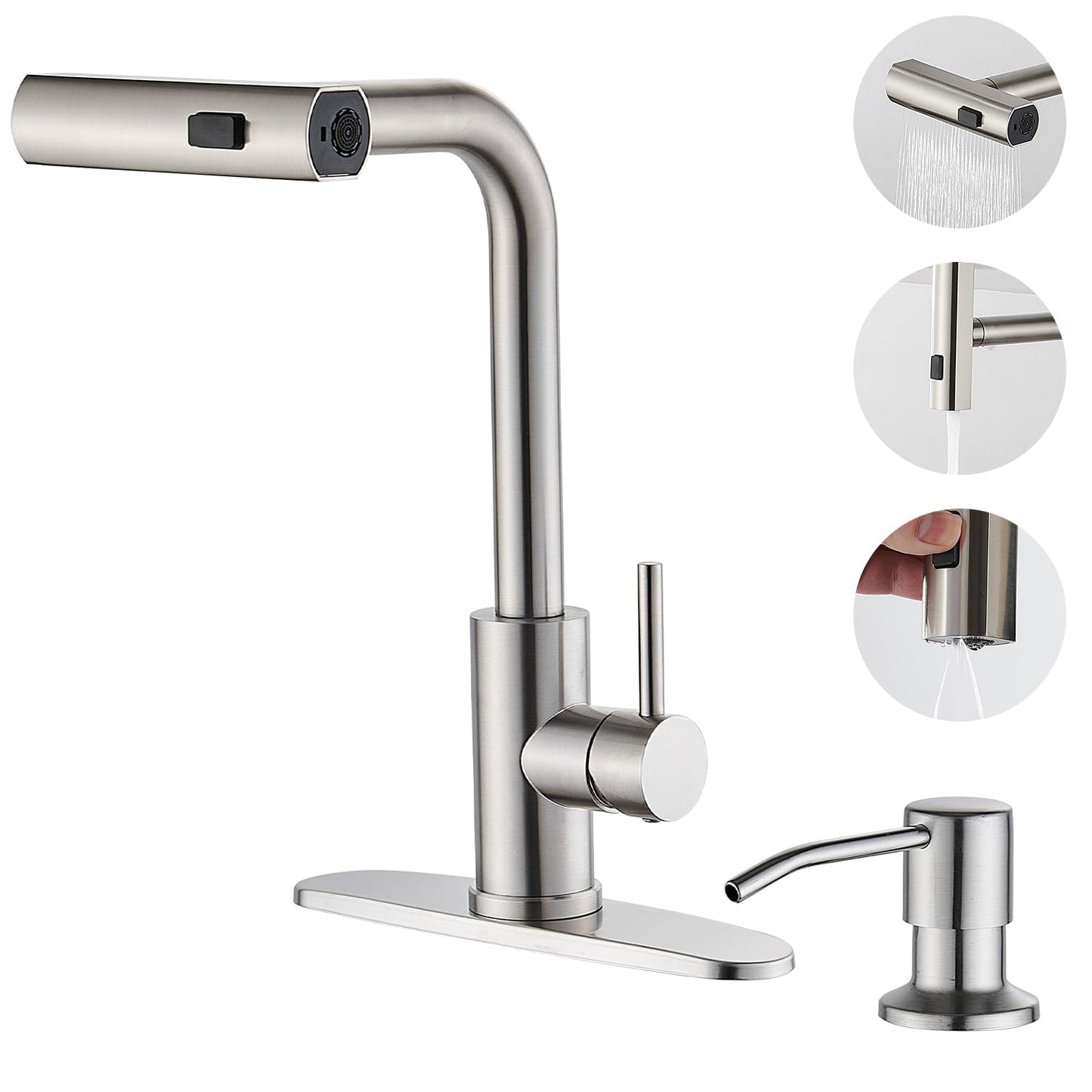 ZORIOU Kitchen Faucets with Pull Down Sprayer - Brushed Nickel Waterfall Kitchen Sink Faucet with Soap Dispenser - Single Hole Stainless Steel Kitchen Faucet - Modern Single Handle Kitchen Faucet