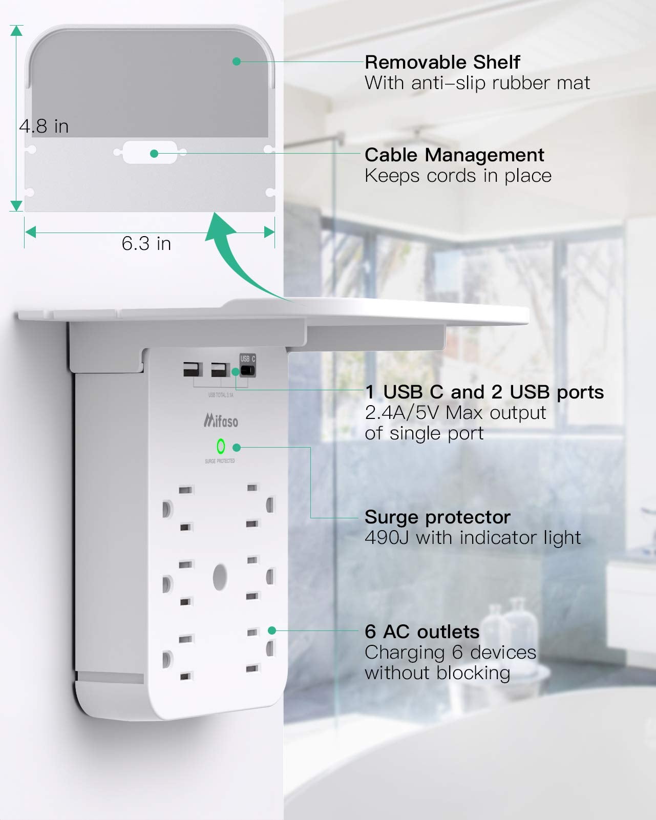 Wall Outlet Extender with USB & Surge Protection
