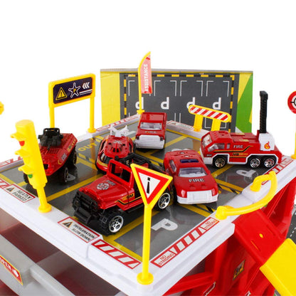 WISHTIME Parking Lot Car Garage Playset Matchbox Cars playsets,Vehicle Toy Fire Car Storage Box Toys Set Educational Gift with 6 Fire Trucks, Ramps, Traffic Signs for Kids
