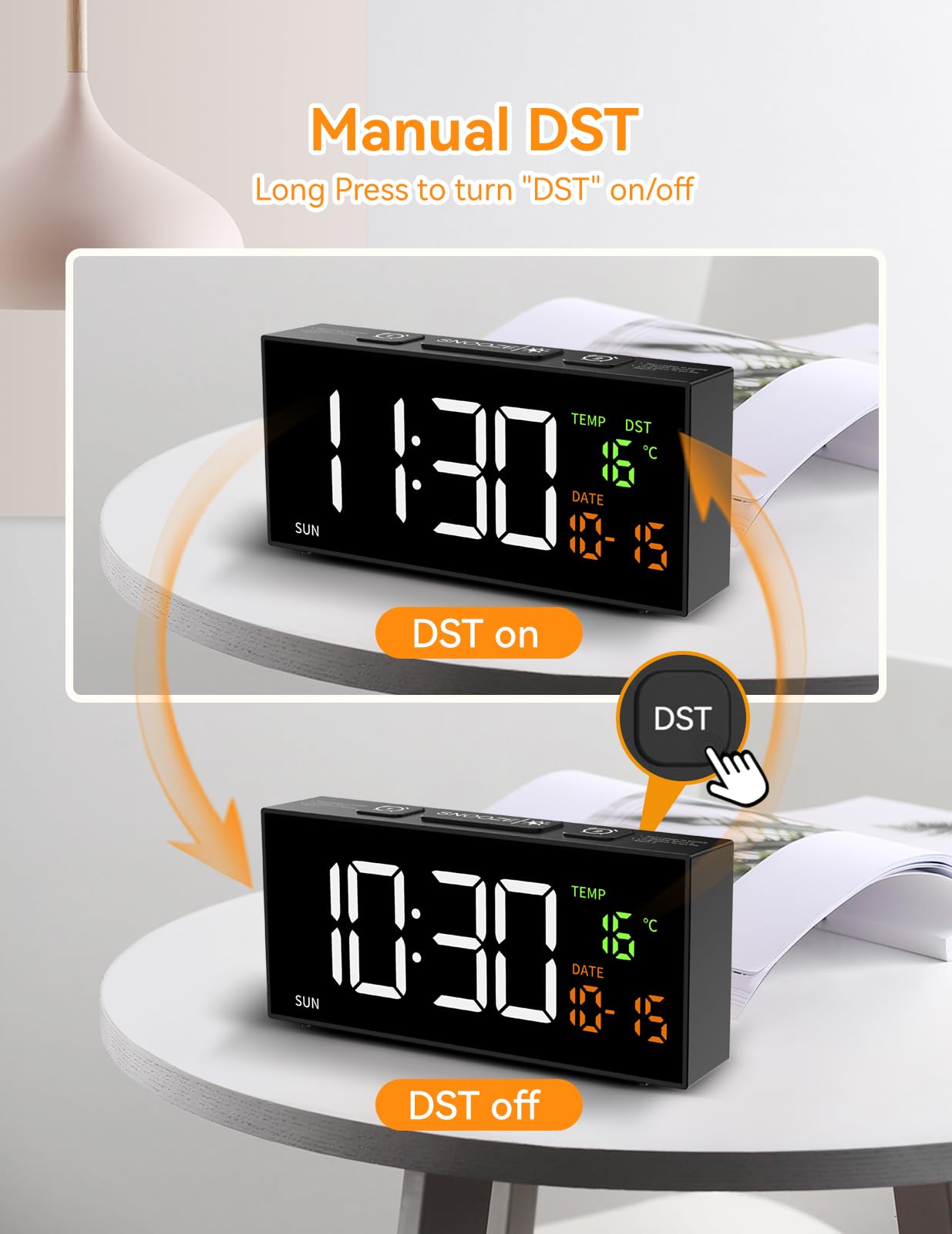 Netzu Alarm Clocks for Bedrooms, Digital Alarm Clock with Date Temperature and Weekday, Manual DST, Snooze, 2 Alarms, 4 Volumes Bedside Desk Clock for Living Room Home (Black)