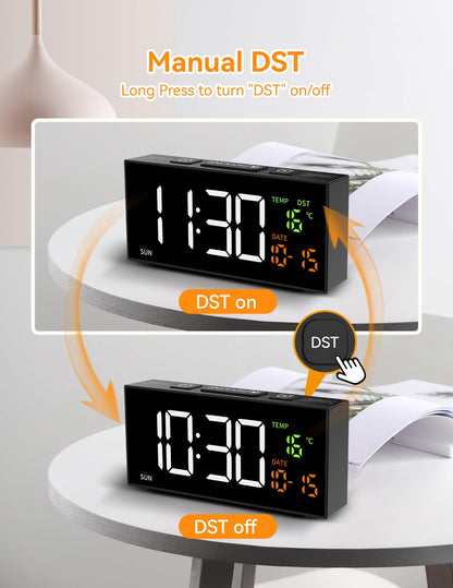 Netzu Alarm Clocks for Bedrooms, Digital Alarm Clock with Date Temperature and Weekday, Manual DST, Snooze, 2 Alarms, 4 Volumes Bedside Desk Clock for Living Room Home (Black)