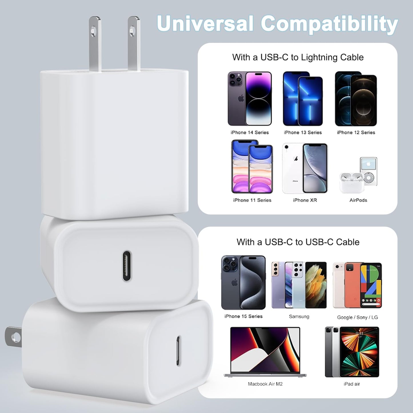 3 Pack USB C Charger Block for iPhone and Galaxy