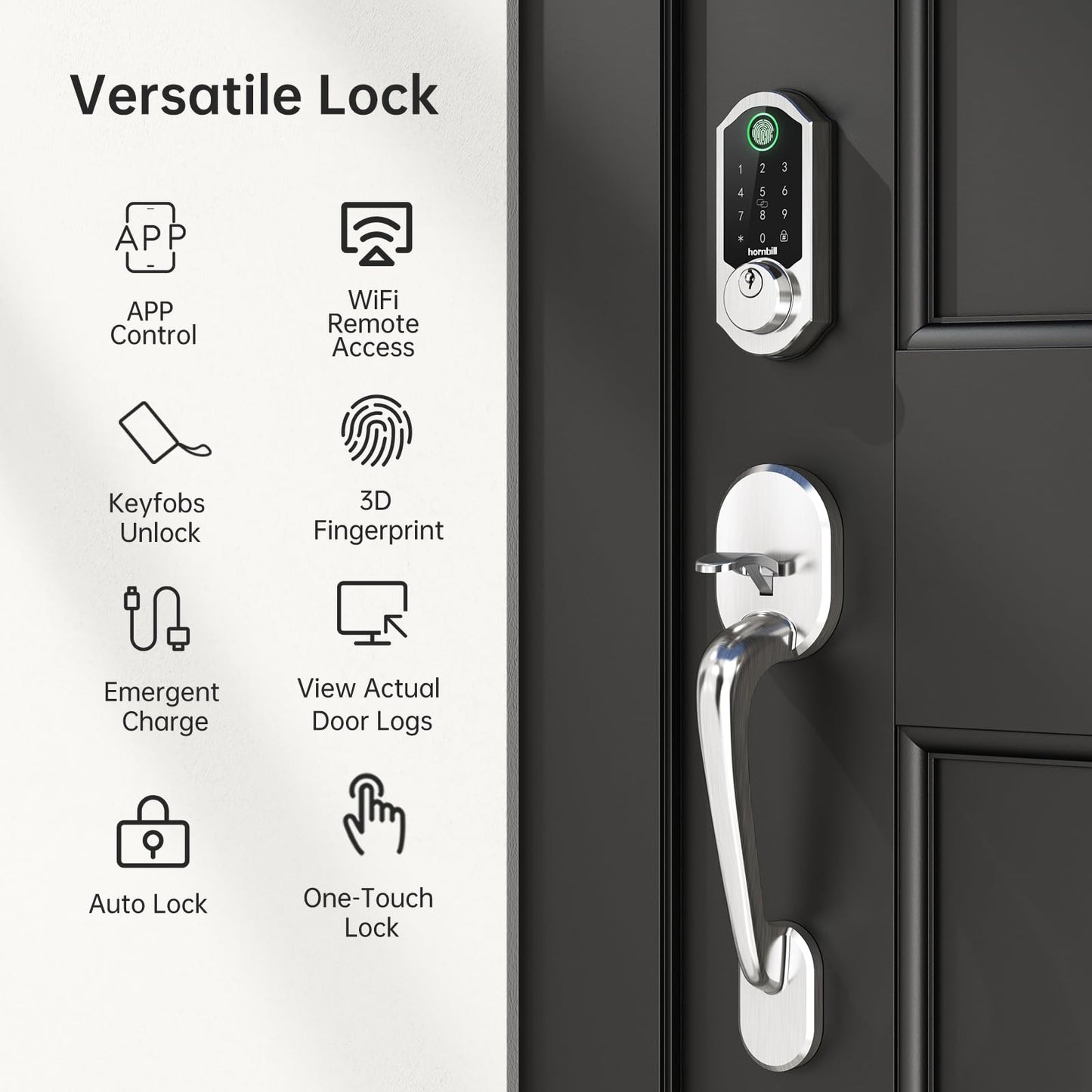 Hornbill Smart Door Lock Set: WiFi Deadbolt with Handles, Keypad, Fingerprint, Alexa, Heavy Duty Satin Nickel