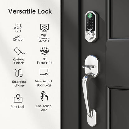 Hornbill Smart Door Lock Set: WiFi Deadbolt with Handles, Keypad, Fingerprint, Alexa, Heavy Duty Satin Nickel