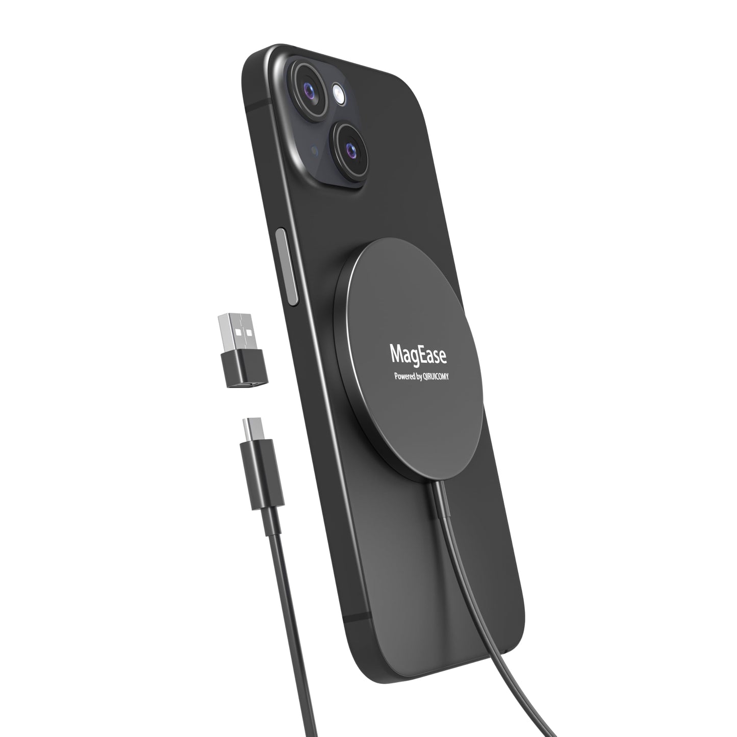 Magnetic Wireless Charger,MagEase 15W Wireless Charger Magnetic Compatible with iPhone 15/14/13/12 Series and AirPods 3/2/Pro, Charging Pad with USB-C Cable and USB-A Converter (Black)