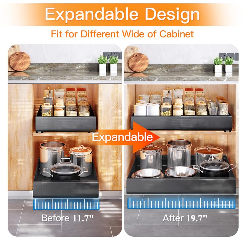 Pull out Cabinet Organizer, Expandable(11.7"-19.7") Heavy Duty Slide out Drawers Fixed with Adhesive Nano Film for Pots, Roll out Shelf Storage for Kitchen Cabinet Organization, Pantry(Black)