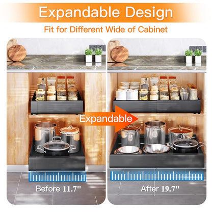 Pull out Cabinet Organizer, Expandable(11.7"-19.7") Heavy Duty Slide out Drawers Fixed with Adhesive Nano Film for Pots, Roll out Shelf Storage for Kitchen Cabinet Organization, Pantry(Black)