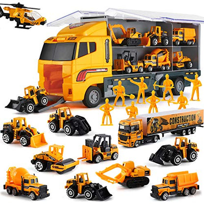 19 in 1 Construction Truck with Engineering Worker Toy Set, Mini Die-Cast Engine Car in Carrier Truck, Double Side Transport Vehicle Play for Child Kid Boy Girl Birthday Christmas Party Favors