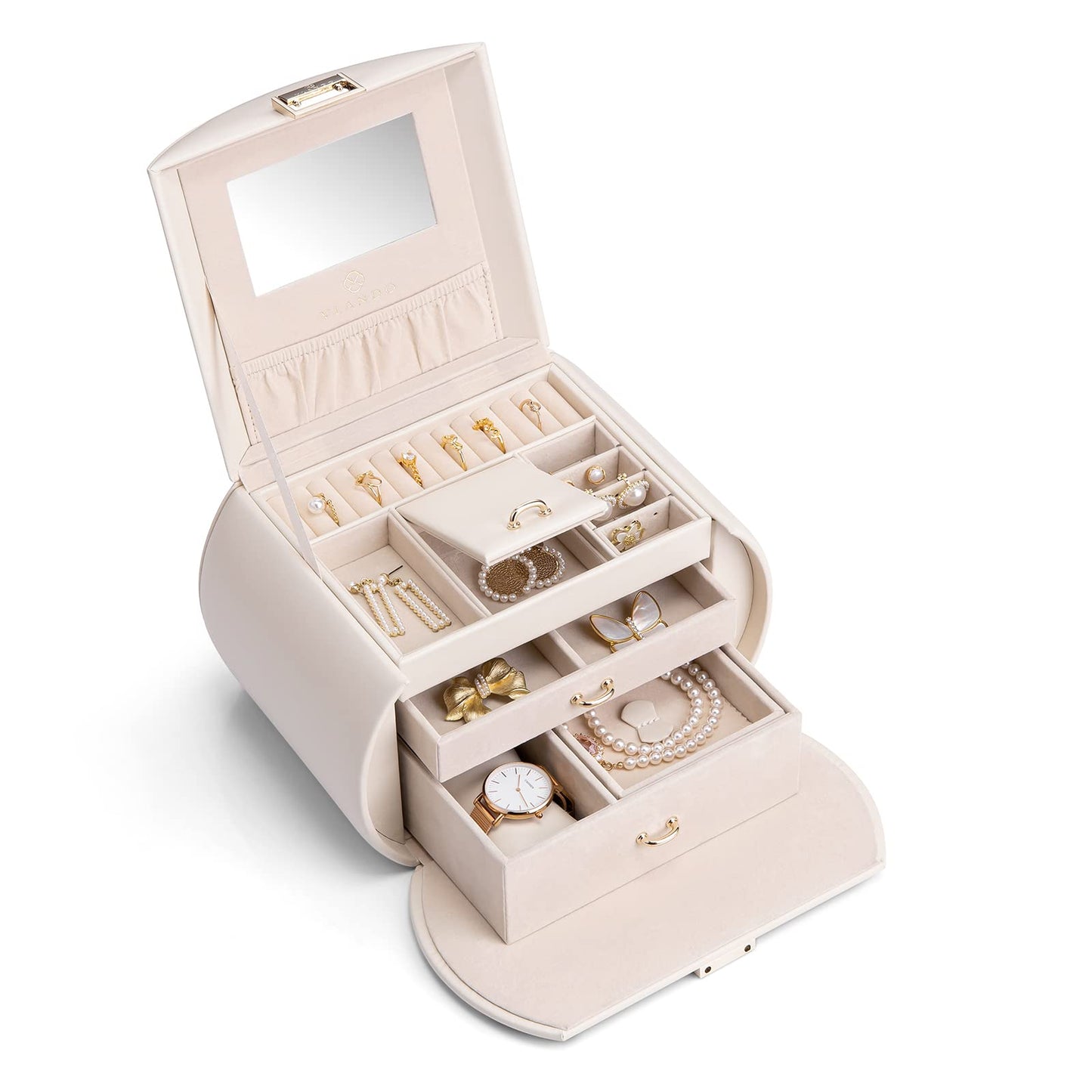 Vlando Jewelry Box Organizer, Leather Mirrored Jewelry Case in Princess Style, Necklaces Earrings Rings Watch Storage Holder, Beige