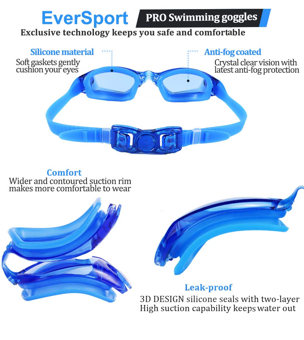 2 Pack EverSport Kids Swim Goggles for Ages 4-16