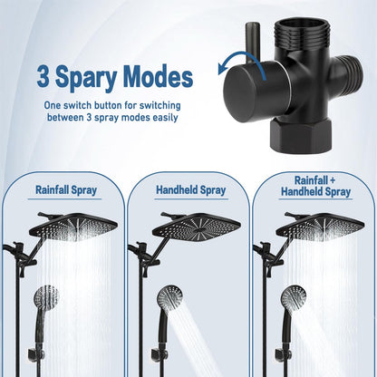 Shower Head 12 Inch, High Pressure Rainfall Shower Head/Handheld Shower Combo with Extension Arm, 6 Settings Anti-leak Shower Head with Holder, Hose, Height Adjustable Dual Shower Head, Matte Black