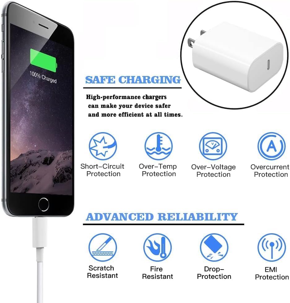 20W USB C Fast Charger 10 FT [MFi Certified] Compatible with iPhone 14 13 12 11 XS XR X 8 iPad, 3 Pack PD Wall Charger Block with 10FT Long Type C Lightning Cable (White)